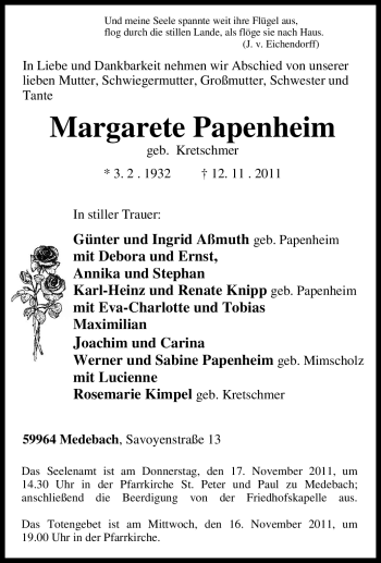 Traueranzeige von Margarete Papenheim von Tageszeitung
