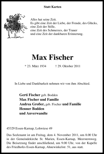 Traueranzeige von Max Fischer von Tageszeitung