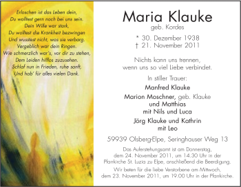 Traueranzeige von Maria Klauke von Tageszeitung