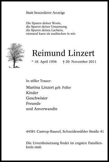 Traueranzeige von Reimund Linzert von Tageszeitung