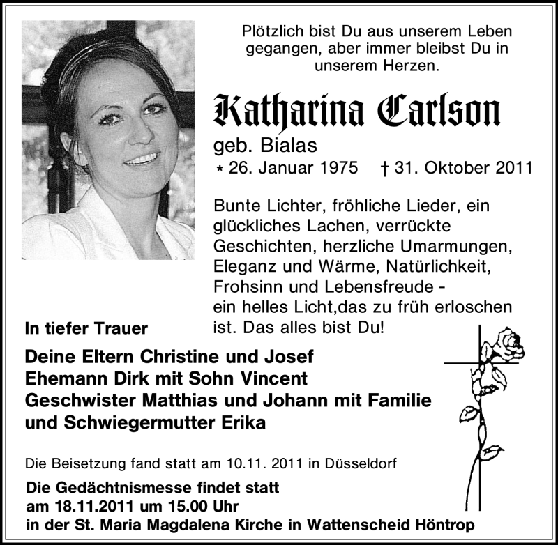  Traueranzeige für Katharina Carlson vom 12.11.2011 aus Tageszeitung