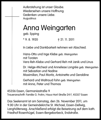 Traueranzeige von Anna Weingarten von Tageszeitung