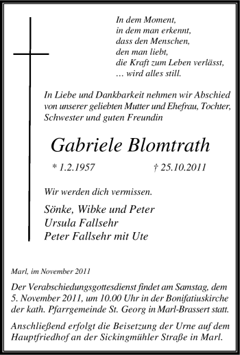 Traueranzeige von Gabriele Blomtrath von Tageszeitung