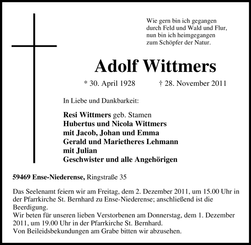  Traueranzeige für Adolf Wittmers vom 30.11.2011 aus Tageszeitung