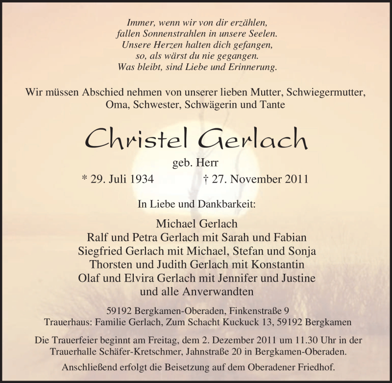  Traueranzeige für Christel Gerlach vom 30.11.2011 aus Tageszeitung