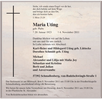 Traueranzeige von Maria Uting von Tageszeitung