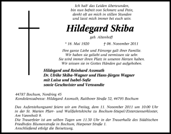 Traueranzeige von Hildegard Skiba von Tageszeitung