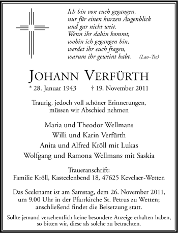 Traueranzeige von Johann Verfürth von Tageszeitung