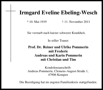 Traueranzeige von Irmgard Eveline Ebeling-Wesch von Tageszeitung