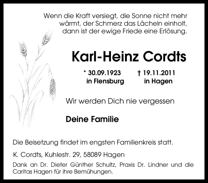  Traueranzeige für Karl-Heinz Cordts vom 30.11.2011 aus Tageszeitung