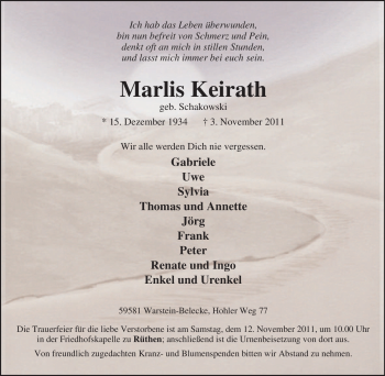 Traueranzeige von Marlis Keirath von Tageszeitung