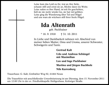 Traueranzeige von Ida Altenrath von Tageszeitung