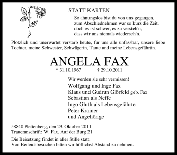 Traueranzeige von Angela Fax von Tageszeitung