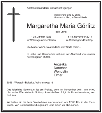 Traueranzeige von Margaretha Maria Görlitz von Tageszeitung