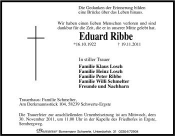 Traueranzeige von Eduard Ribbe von Tageszeitung