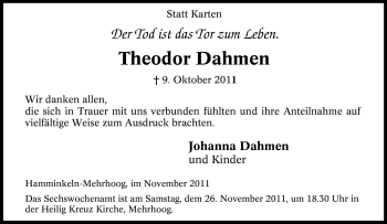 Traueranzeige von Theodor Dahmen von Tageszeitung