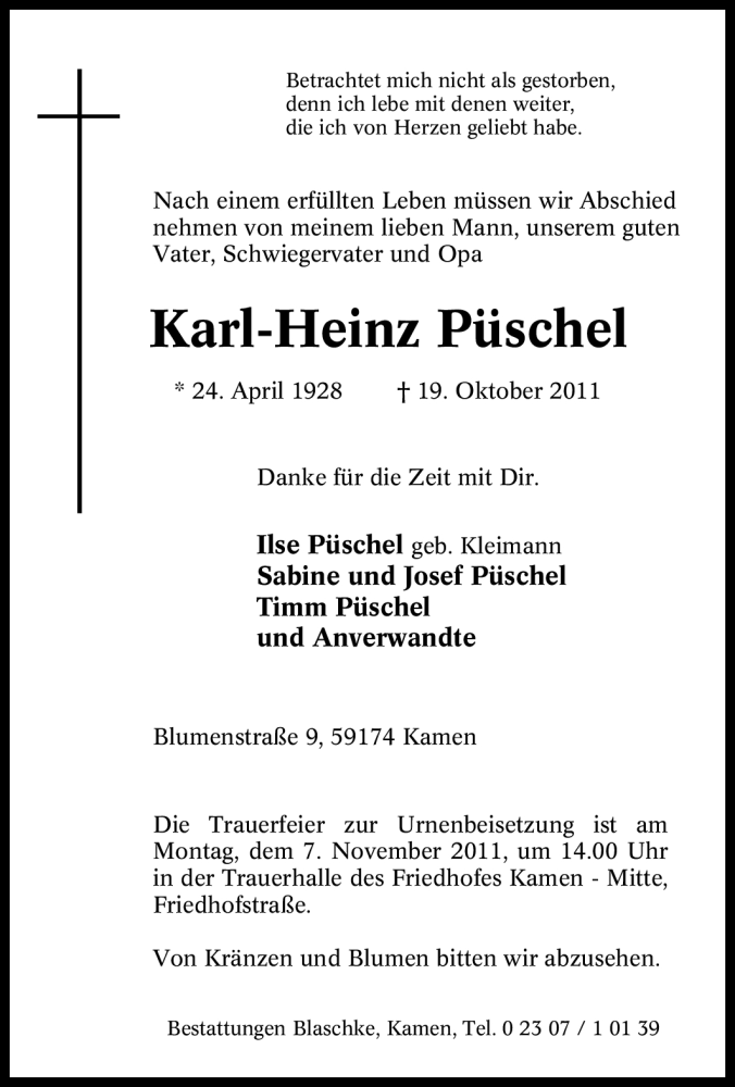 Traueranzeigen Von Karl Heinz P Schel Trauer In Nrw De