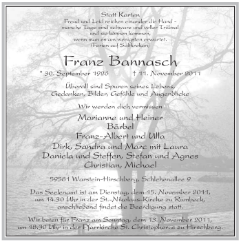 Traueranzeige von Franz Bannasch von Tageszeitung