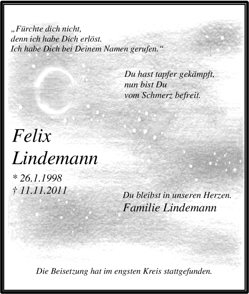  Traueranzeige für Felix Lindemann vom 19.11.2011 aus Tageszeitung