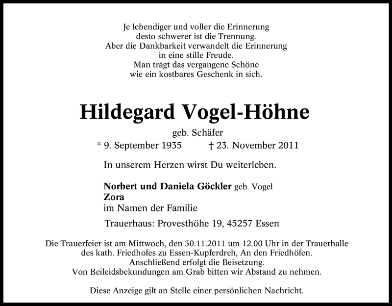  Traueranzeige für Hildegard Vogel-Höhne vom 26.11.2011 aus Tageszeitung