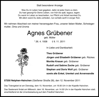 Traueranzeige von Agnes Grübener von Tageszeitung