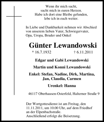 Traueranzeige von Günter Lewandowski von Tageszeitung