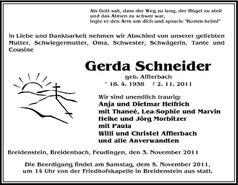 Traueranzeigen von Gerda Schneider | Trauer-in-NRW.de