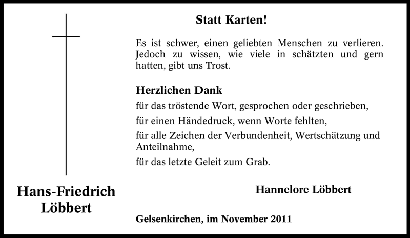  Traueranzeige für Hans-Friedrich Löbbert vom 05.11.2011 aus Tageszeitung