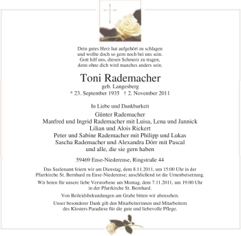 Traueranzeige von Toni Rademacher von Tageszeitung