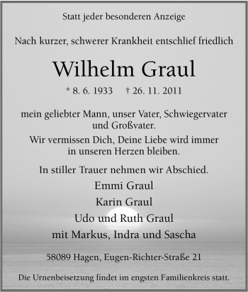Traueranzeige von Wilhelm Graul von Tageszeitung