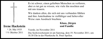 Traueranzeige von Irene Hackstein von Tageszeitung
