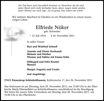 Traueranzeige von Elfriede Nöker von Tageszeitung