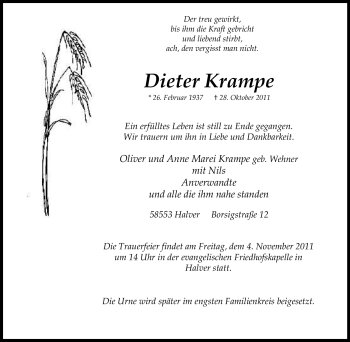 Traueranzeige von Dieter Krampe von Tageszeitung