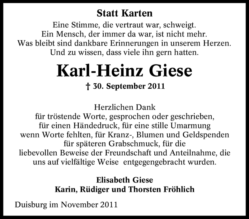 Traueranzeigen Von Karl-heinz Giese 