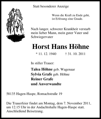 Traueranzeige von Horst Hans Höhne von Tageszeitung