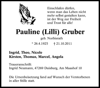 Traueranzeige von Pauline Gruber von Tageszeitung