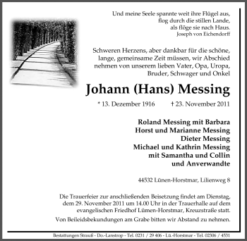Traueranzeige von Johann Messing von Tageszeitung
