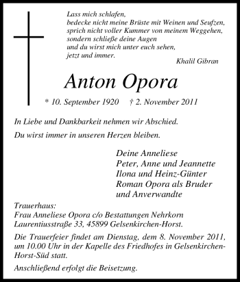 Traueranzeige von Anton Opora von Tageszeitung