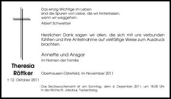Traueranzeige von Theresia Röttker von Tageszeitung