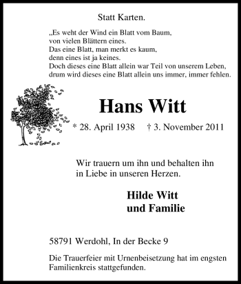 Traueranzeige von Hans Witt von Tageszeitung