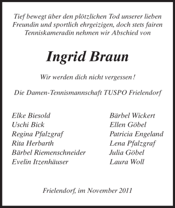 Traueranzeige von Ingrid Braun von Tageszeitung