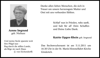 Traueranzeige von Aenne Imgrund von Tageszeitung