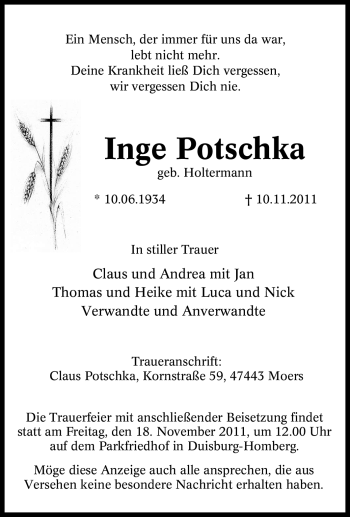 Traueranzeige von Inge Potschka von Tageszeitung