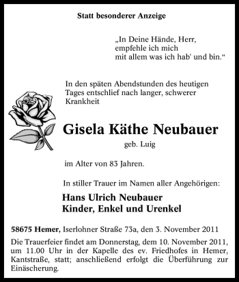Traueranzeige von Gisela Käthe Neubauer von Tageszeitung