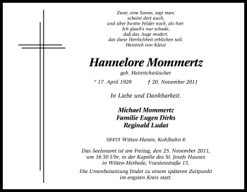 Traueranzeige von Hannelore Mommertz von Tageszeitung