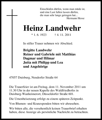 Traueranzeige von Heinz Landwehr von Tageszeitung