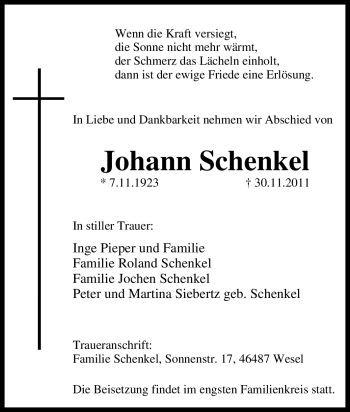 Traueranzeige von Johann Schenkel von Tageszeitung