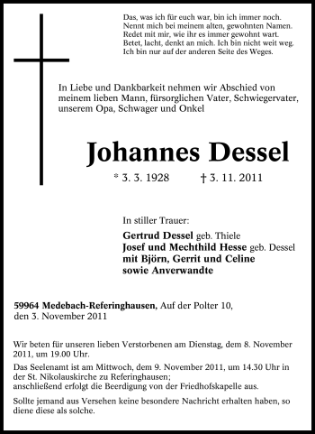 Traueranzeige von Johannes Dessel von Tageszeitung