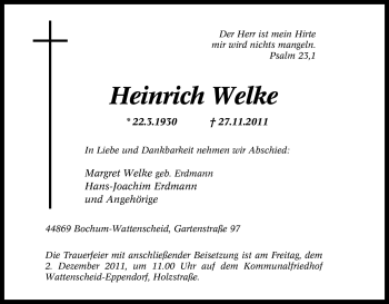 Traueranzeige von Heinrich Welke von Tageszeitung