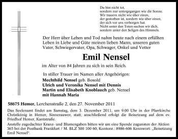 Traueranzeige von Emil Nensel von Tageszeitung